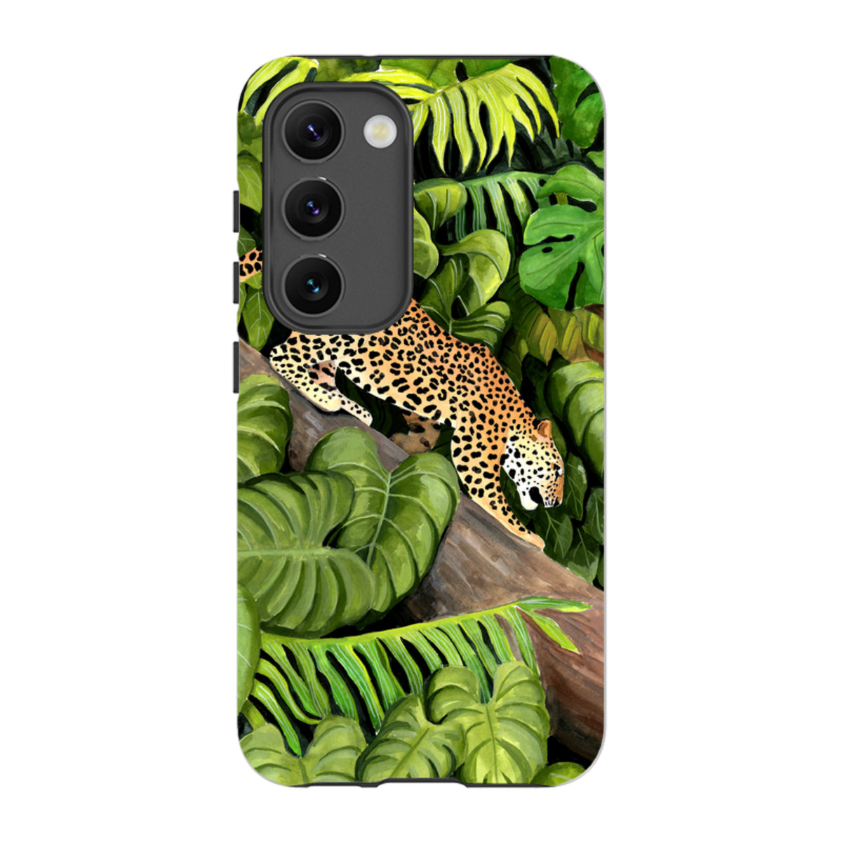 Samsung Tough Case featuring a leopard on a tree branch surrounded by vibrant green tropical jungle leaves.