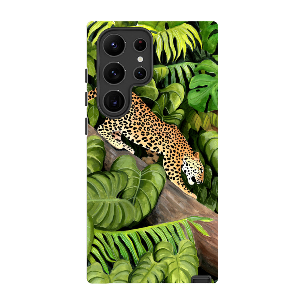 Samsung Galaxy tough case featuring a vibrant leopard and lush tropical jungle leaf artwork by Bex Parkin.