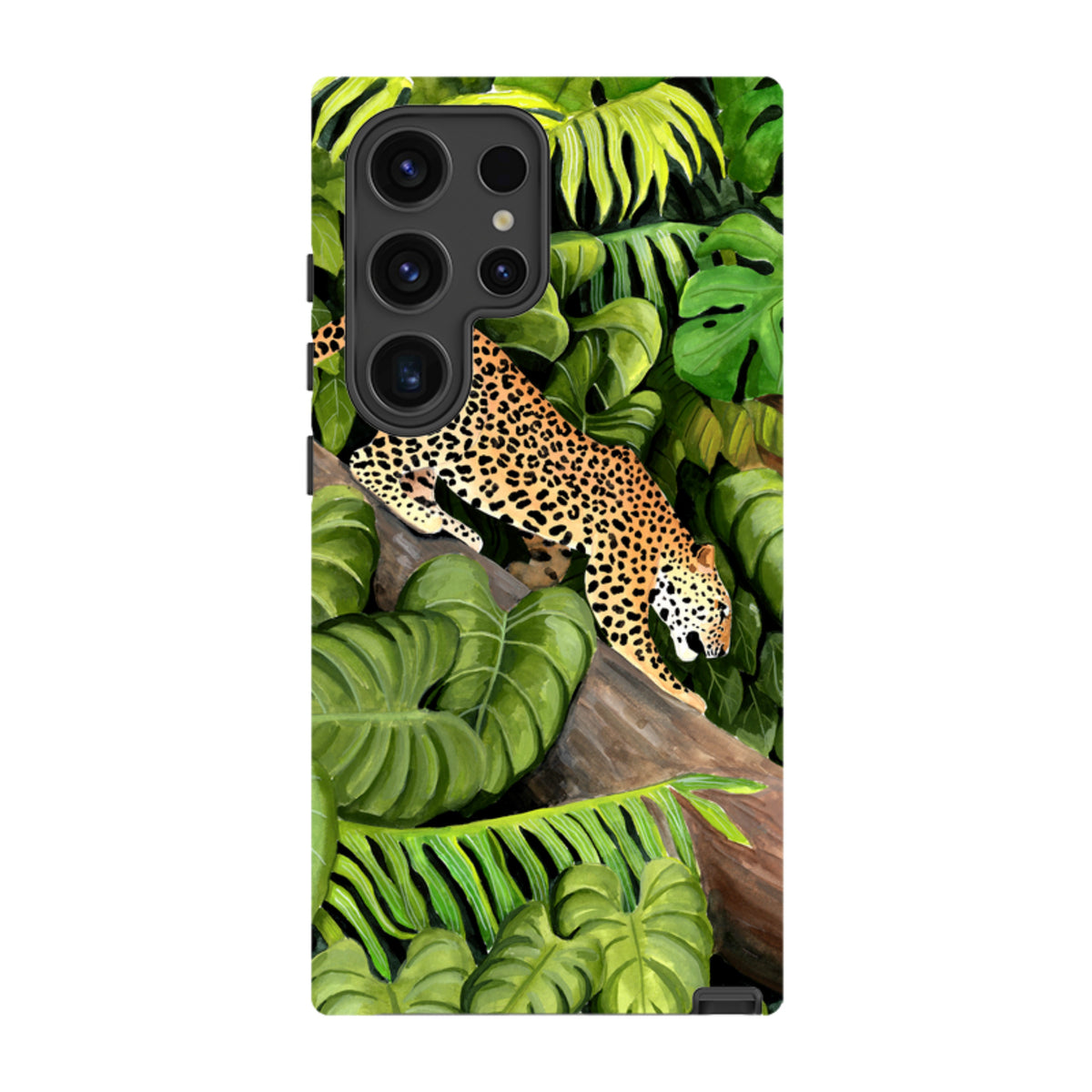 Samsung Tough Case featuring a leopard on a tree branch amidst lush green tropical leaves and high-definition artwork.