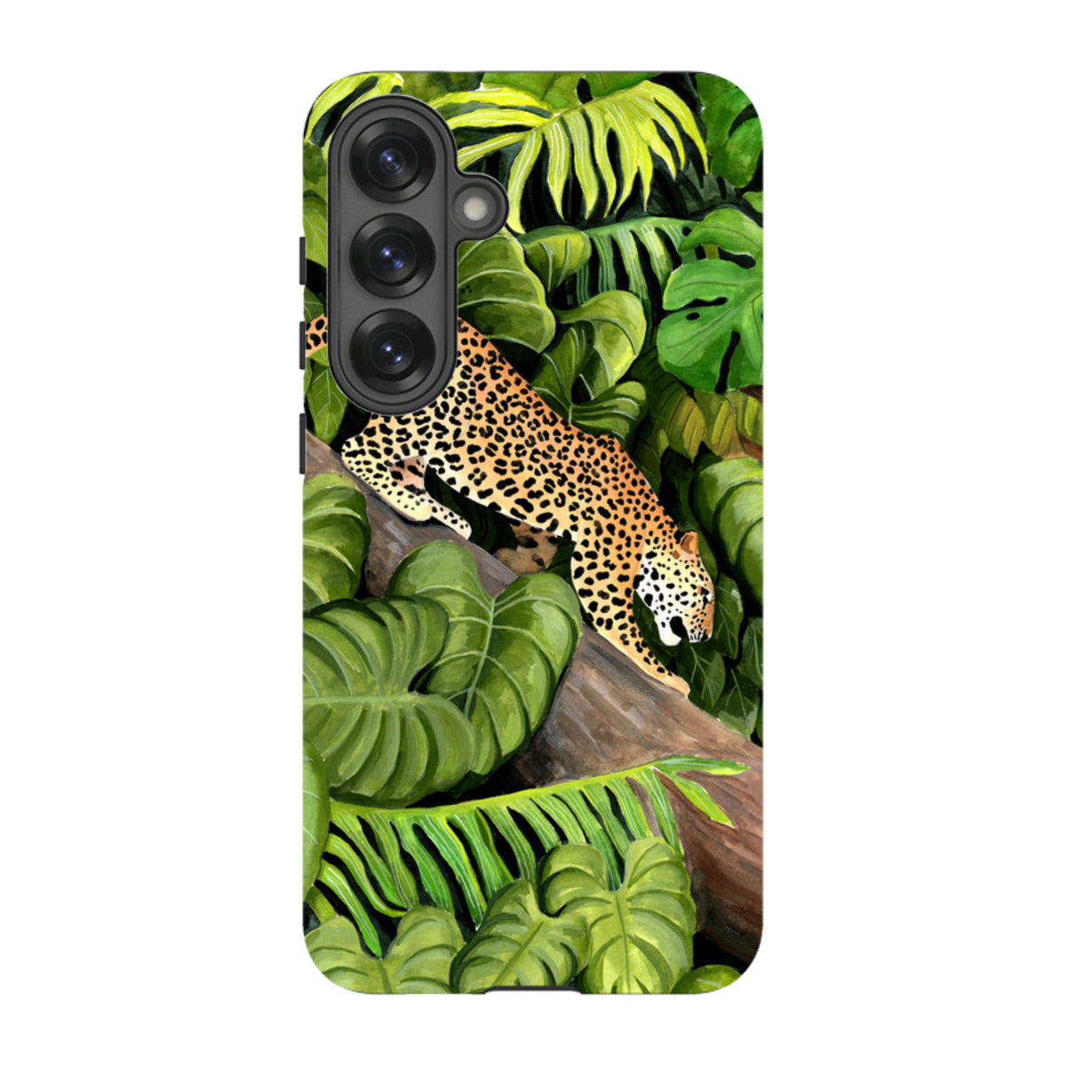 Samsung Tough Case featuring a leopard on a tree branch surrounded by lush green tropical jungle leaves.