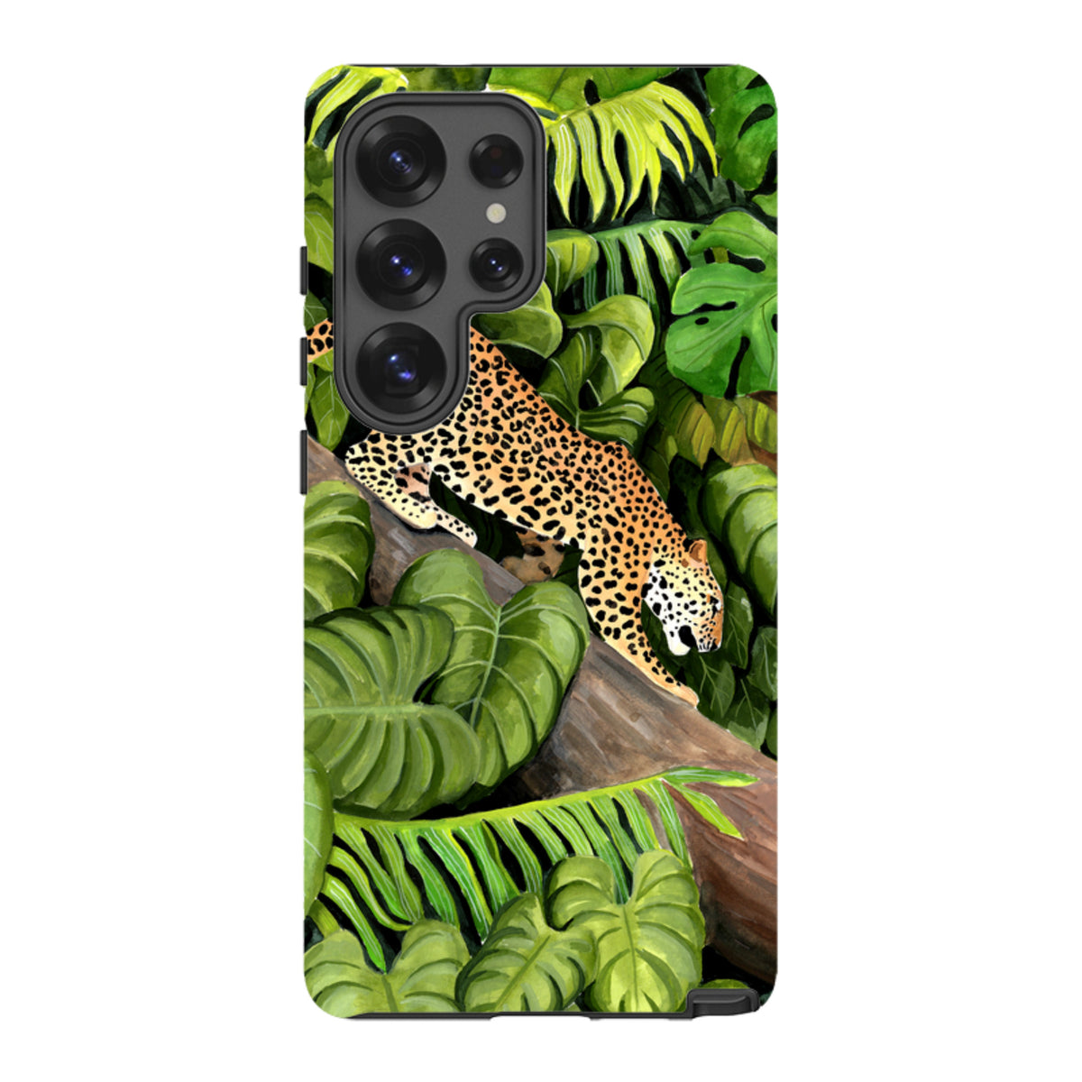 Samsung Tough Case featuring a leopard on a tree branch surrounded by lush green jungle leaves and foliage.