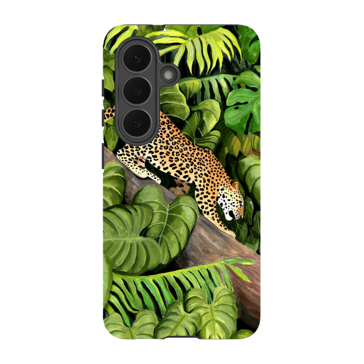 Samsung Tough Case featuring a leopard on a tree branch surrounded by lush green tropical leaves and foliage.