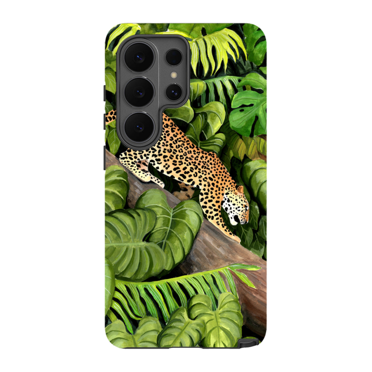 Samsung Tough Case featuring a leopard on a tree branch surrounded by vibrant green jungle leaves and foliage.