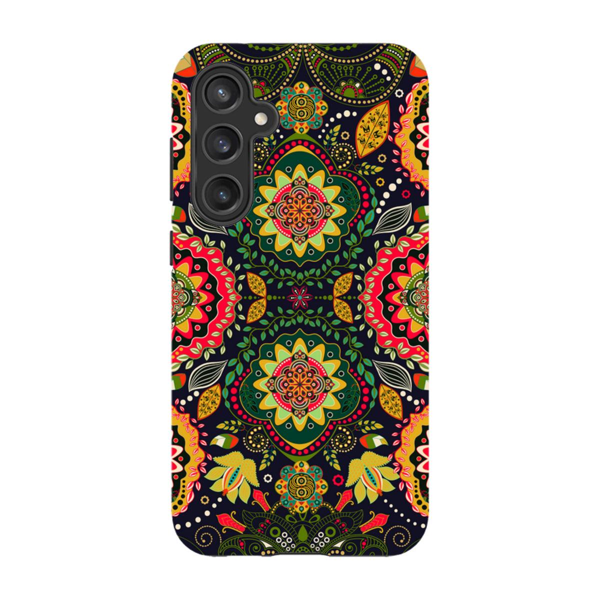 Samsung Tough Case featuring a vibrant, colorful floral mandala pattern on a dark background with a triple-lens camera cutout.