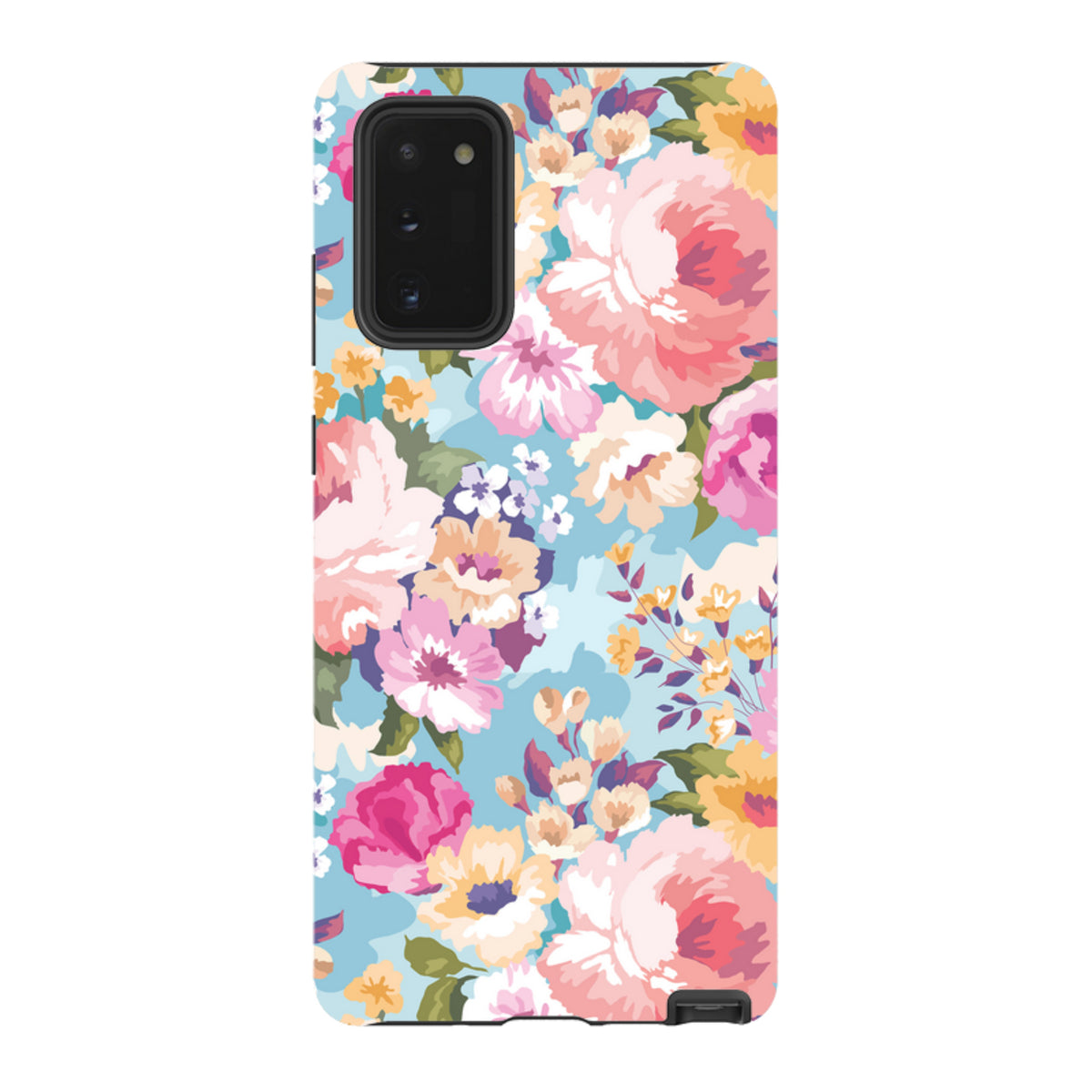 Samsung Tough Case featuring a vibrant floral pattern with pink, yellow, and white flowers on a light blue background.