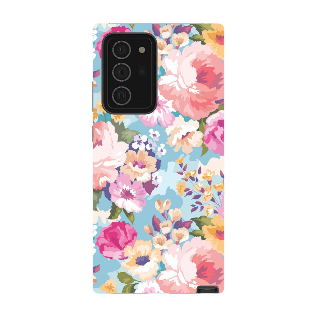 Samsung Tough Case for Galaxy featuring a vibrant floral pattern with pink and yellow flowers on a light blue background.