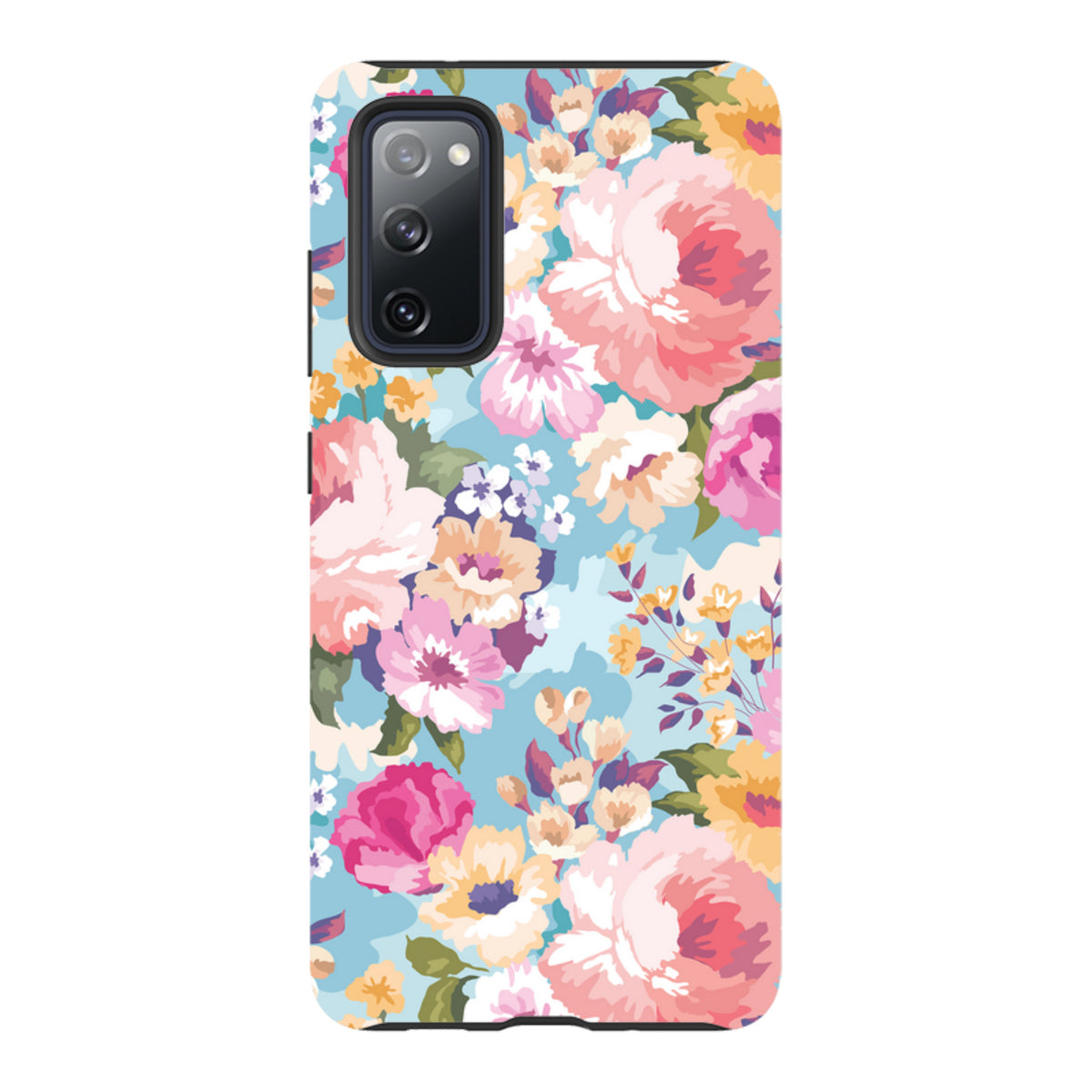 Samsung Galaxy tough case featuring a vibrant floral pattern with pink and yellow flowers on a light blue background.