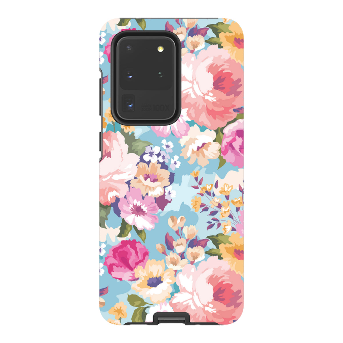 Samsung Tough Case for Galaxy featuring a vibrant floral pattern with pink and yellow flowers on a light blue background.