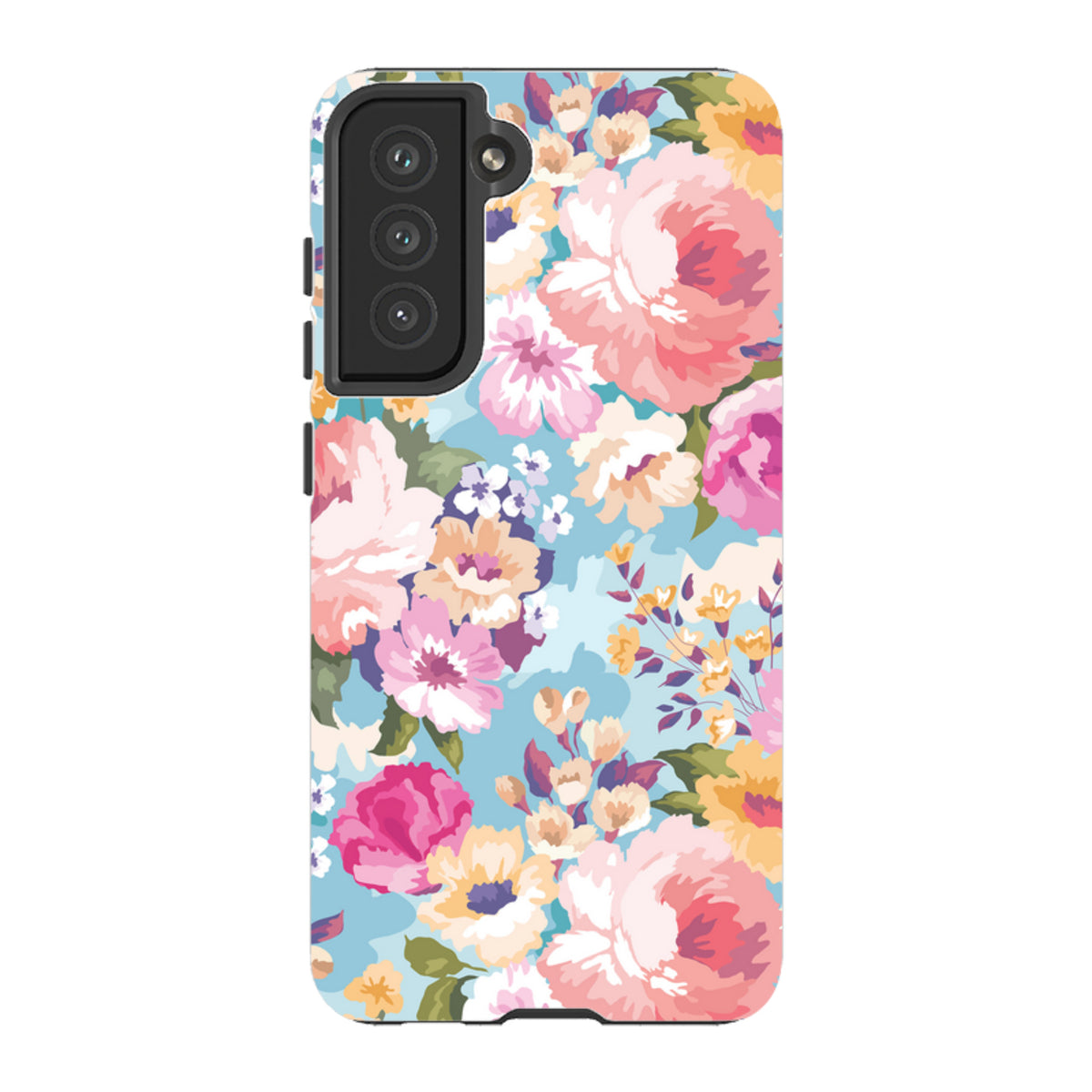 Samsung Tough Case featuring a vibrant floral pattern with pink and yellow flowers on a light blue background.