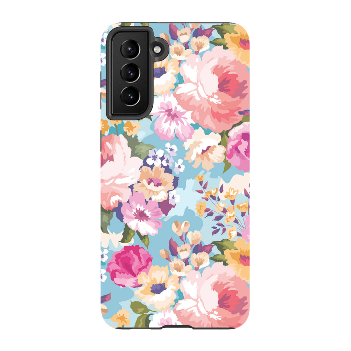 Samsung Galaxy tough case featuring a vibrant floral pattern with pink and yellow flowers on a light blue background.