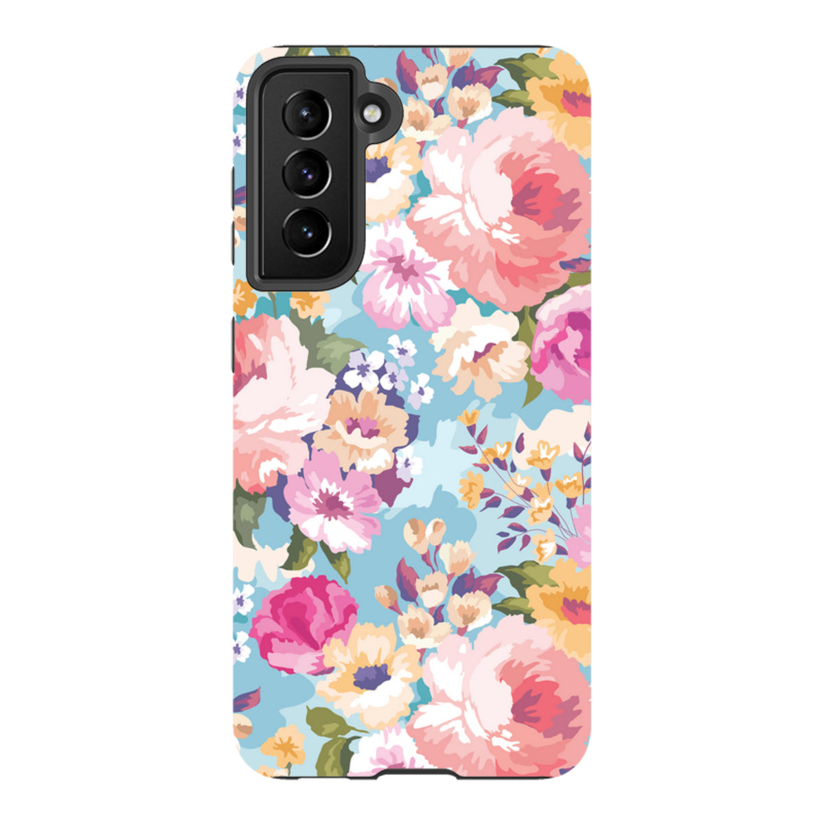 Samsung Tough Case featuring a vibrant floral pattern with pink and yellow flowers on a light blue background.