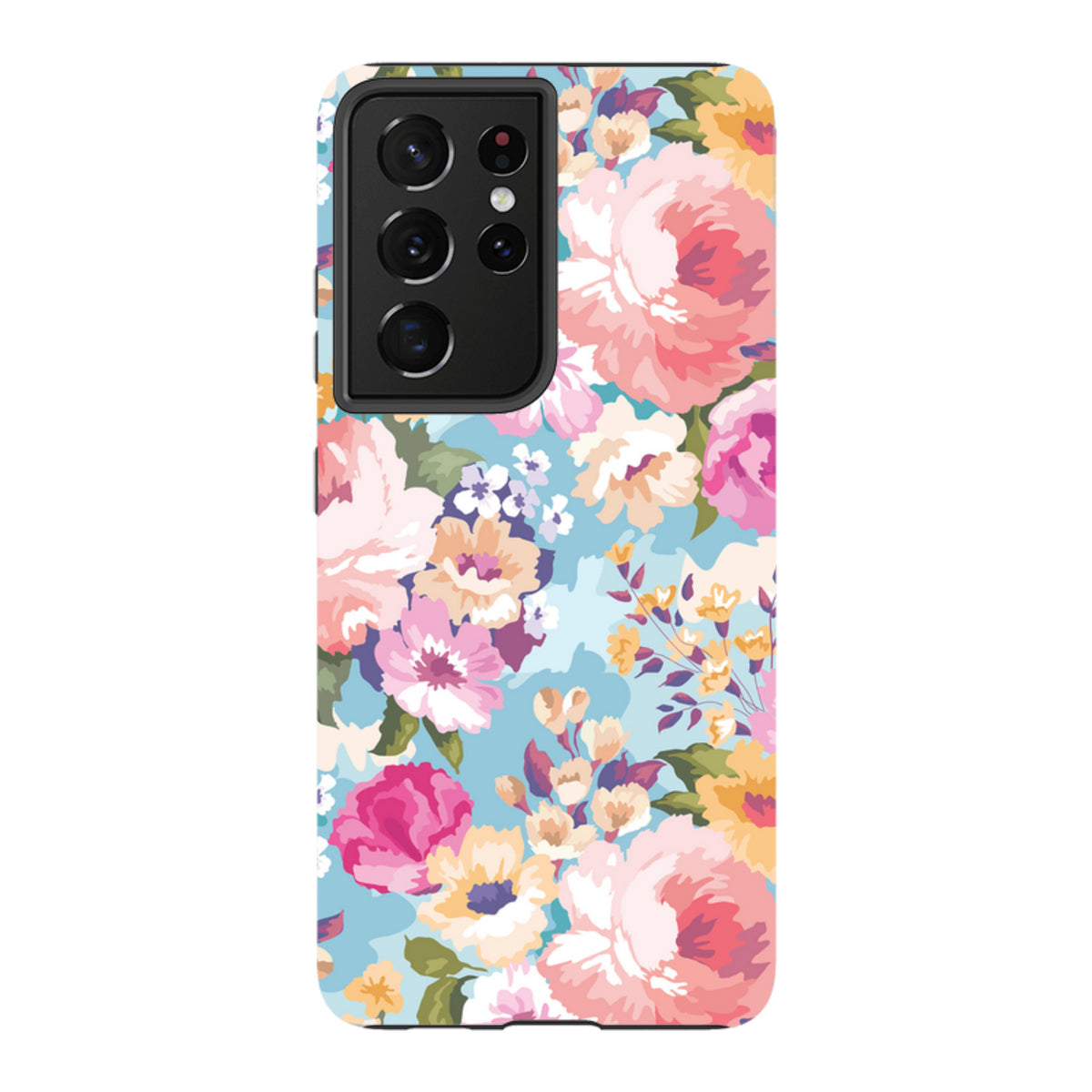 Samsung Tough Case in Lewes floral print with a light blue background, pink and yellow flowers, and dual-layer protection.