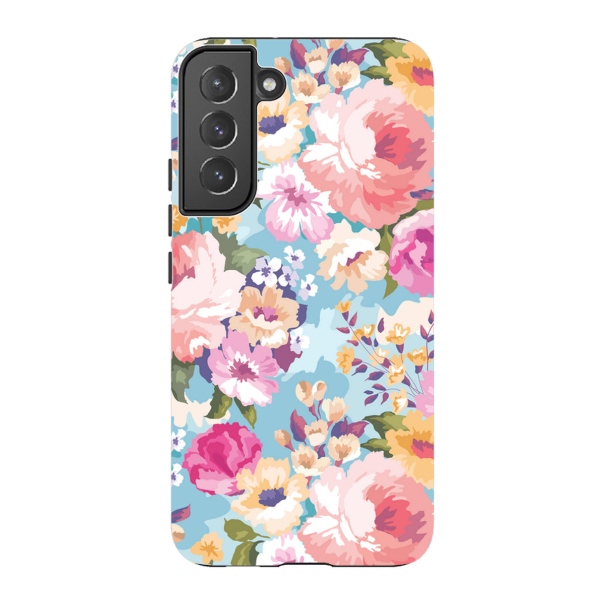Samsung Tough Case for Galaxy featuring a vibrant floral pattern with pink, yellow, and white flowers on a light blue background.