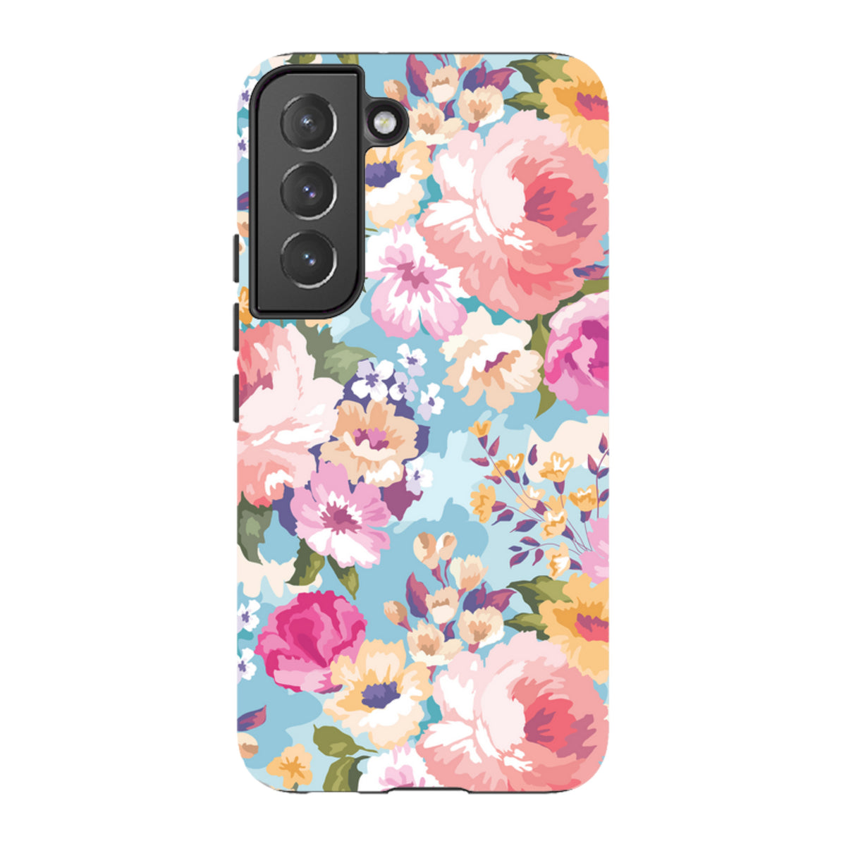 Samsung Tough Case for Galaxy featuring a vibrant floral pattern with pink and yellow flowers on a light blue background.