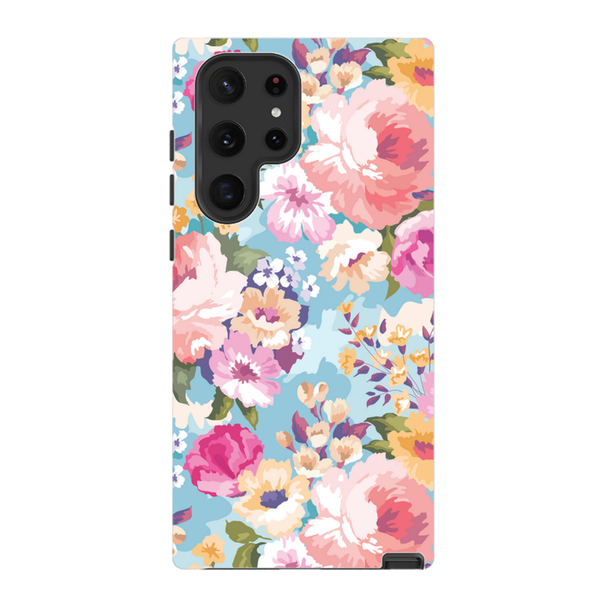 Samsung Tough Case in Lewes floral print with pink and yellow flowers on a light blue background for Galaxy devices.