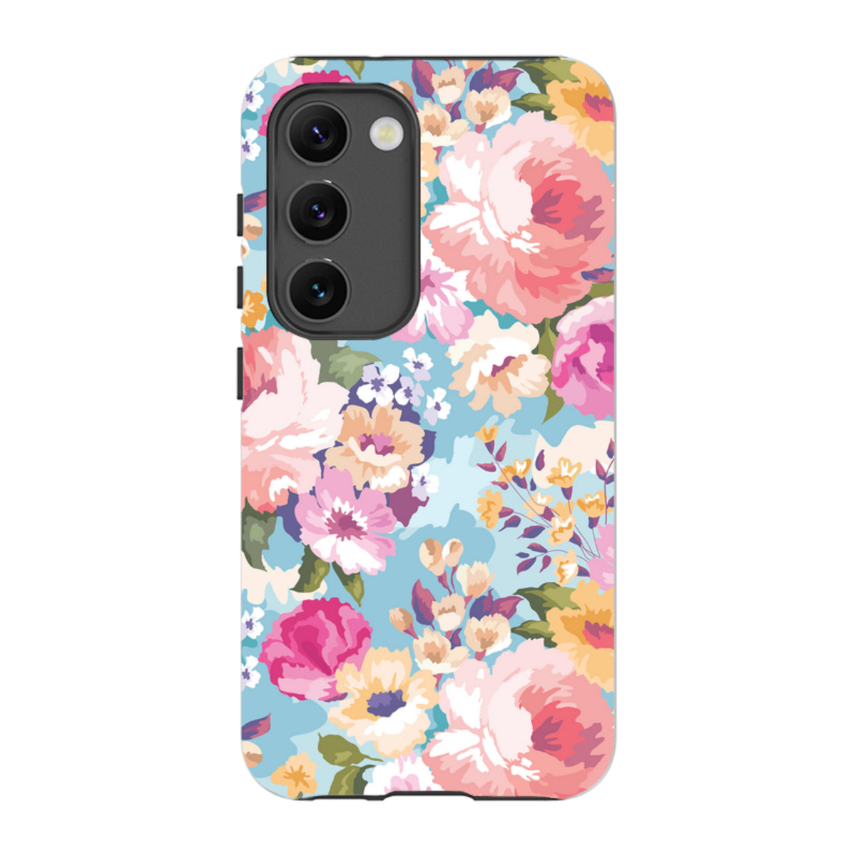 Samsung Tough Case featuring a vibrant floral pattern with pink and yellow flowers on a light blue background.
