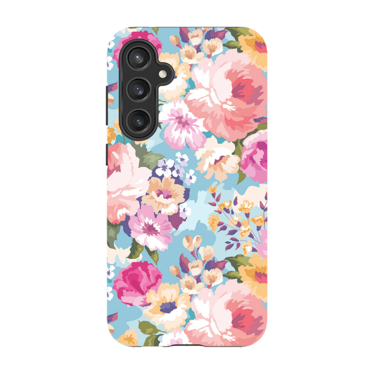Samsung Galaxy tough case featuring a vibrant floral pattern with pink and yellow flowers on a light blue background.