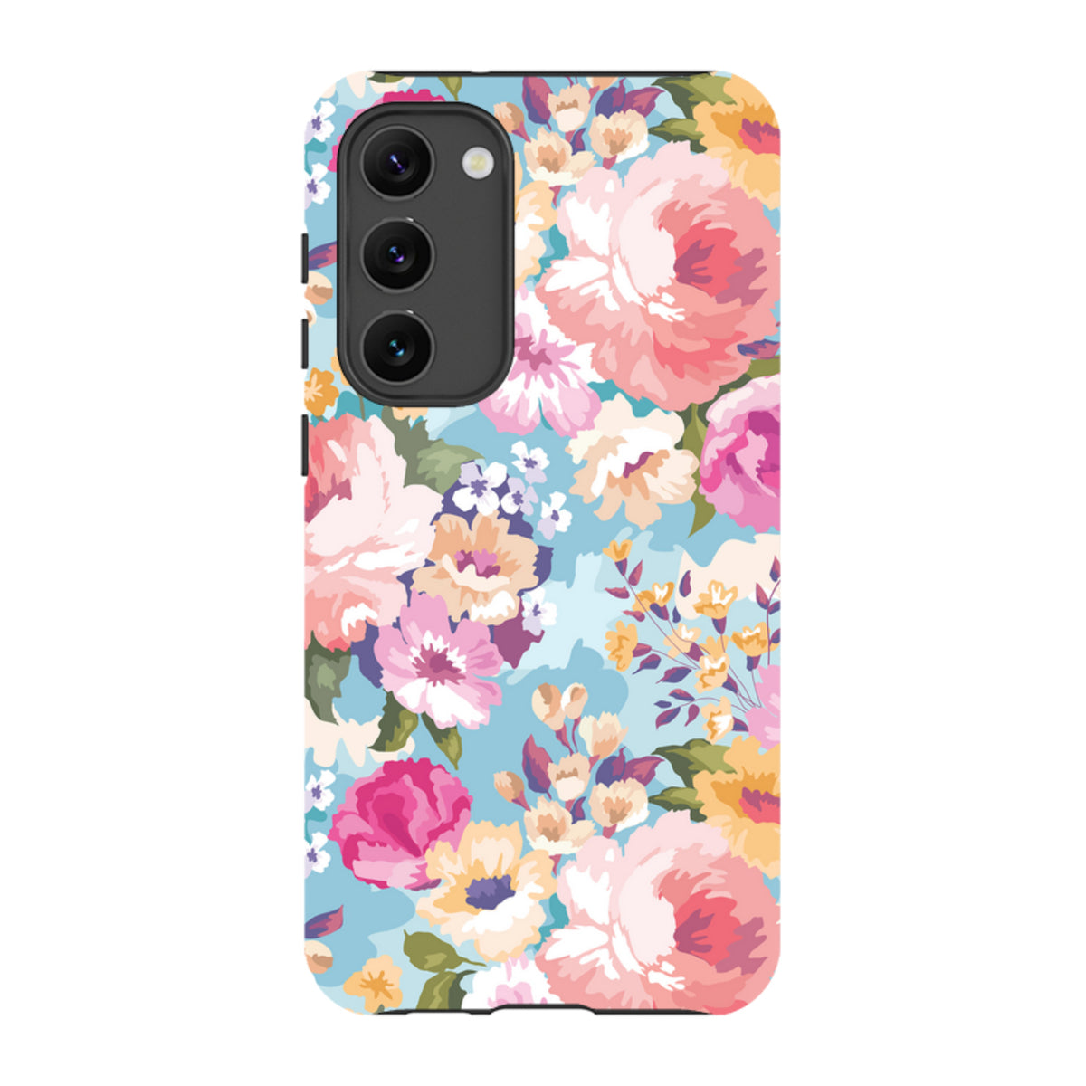Samsung Tough Case featuring a vibrant floral pattern with pink and yellow flowers on a light blue background.