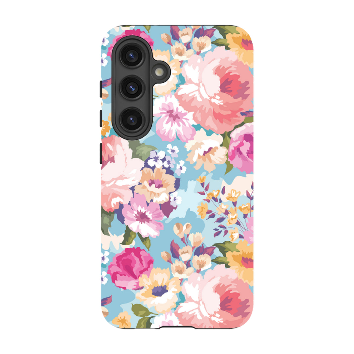 Samsung Tough Case featuring a vibrant floral pattern with pink and yellow flowers on a light blue background.