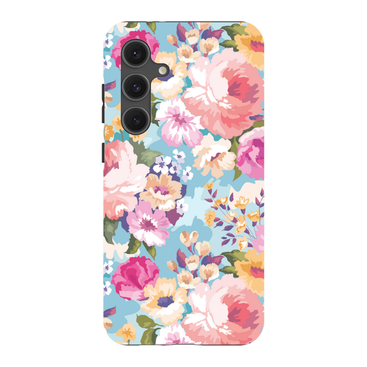 Samsung Tough Case featuring a vibrant floral pattern with pink and yellow flowers on a light blue background.