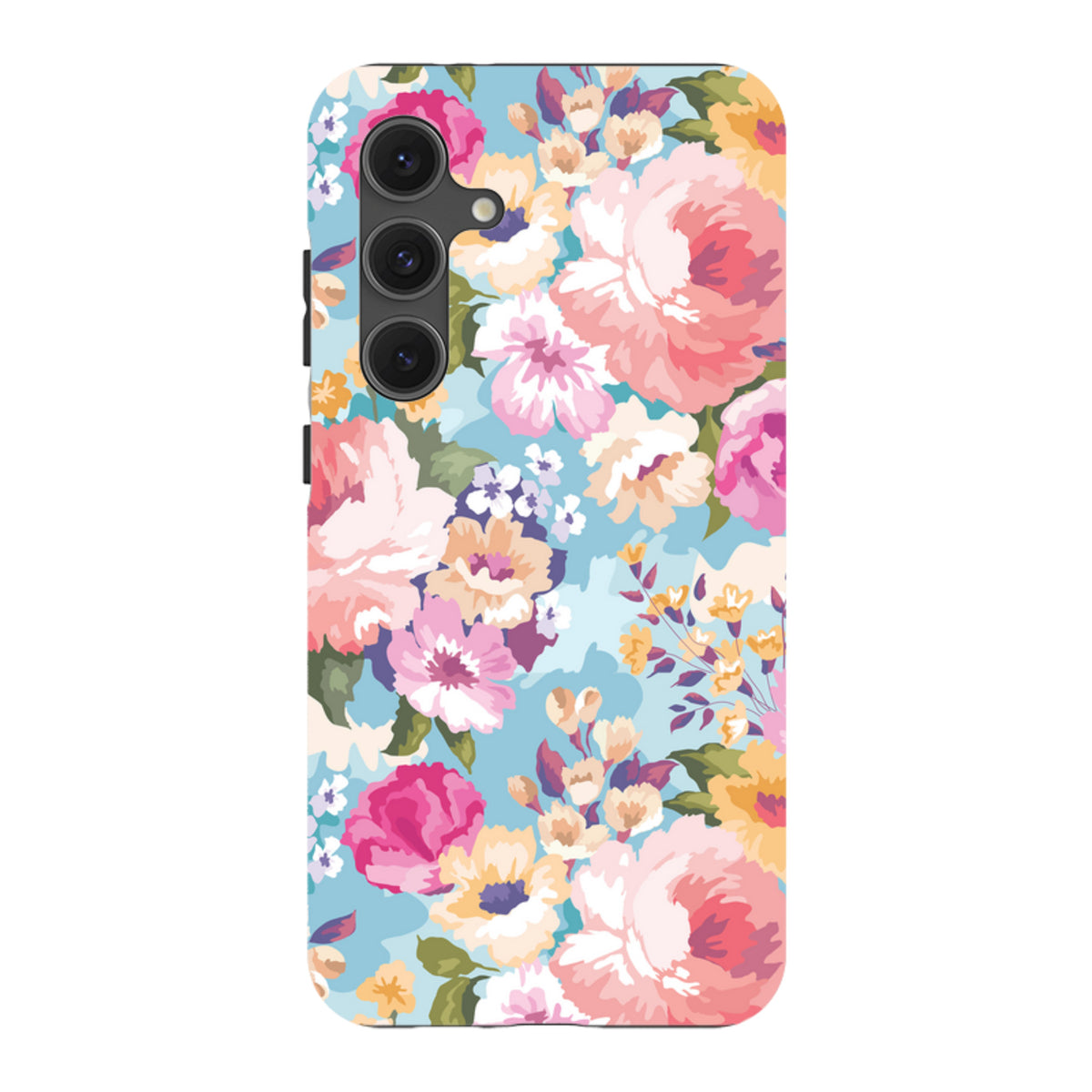 Samsung Tough Case for Galaxy featuring a vibrant floral pattern with pink, yellow, and blue flowers on a light blue base.