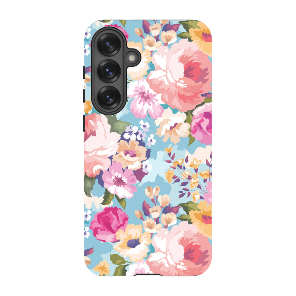 Samsung Tough Case in Lewes floral print featuring pink and yellow flowers on a light blue background for Galaxy phones.
