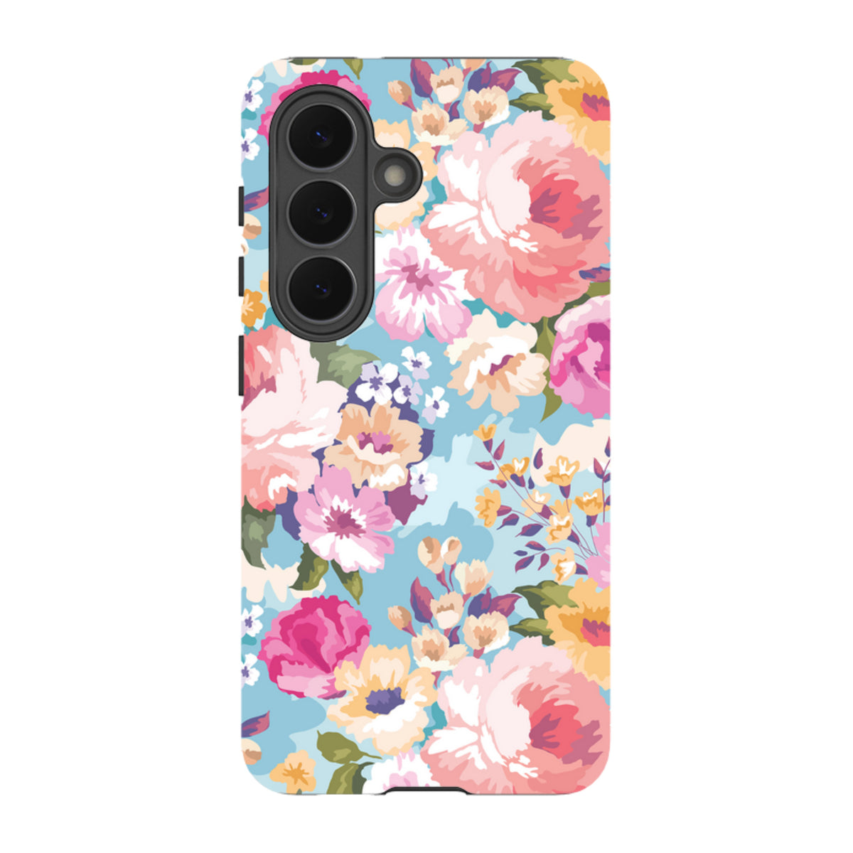 Samsung Tough Case for Galaxy featuring a vibrant floral pattern with pink and yellow flowers on a light blue background.