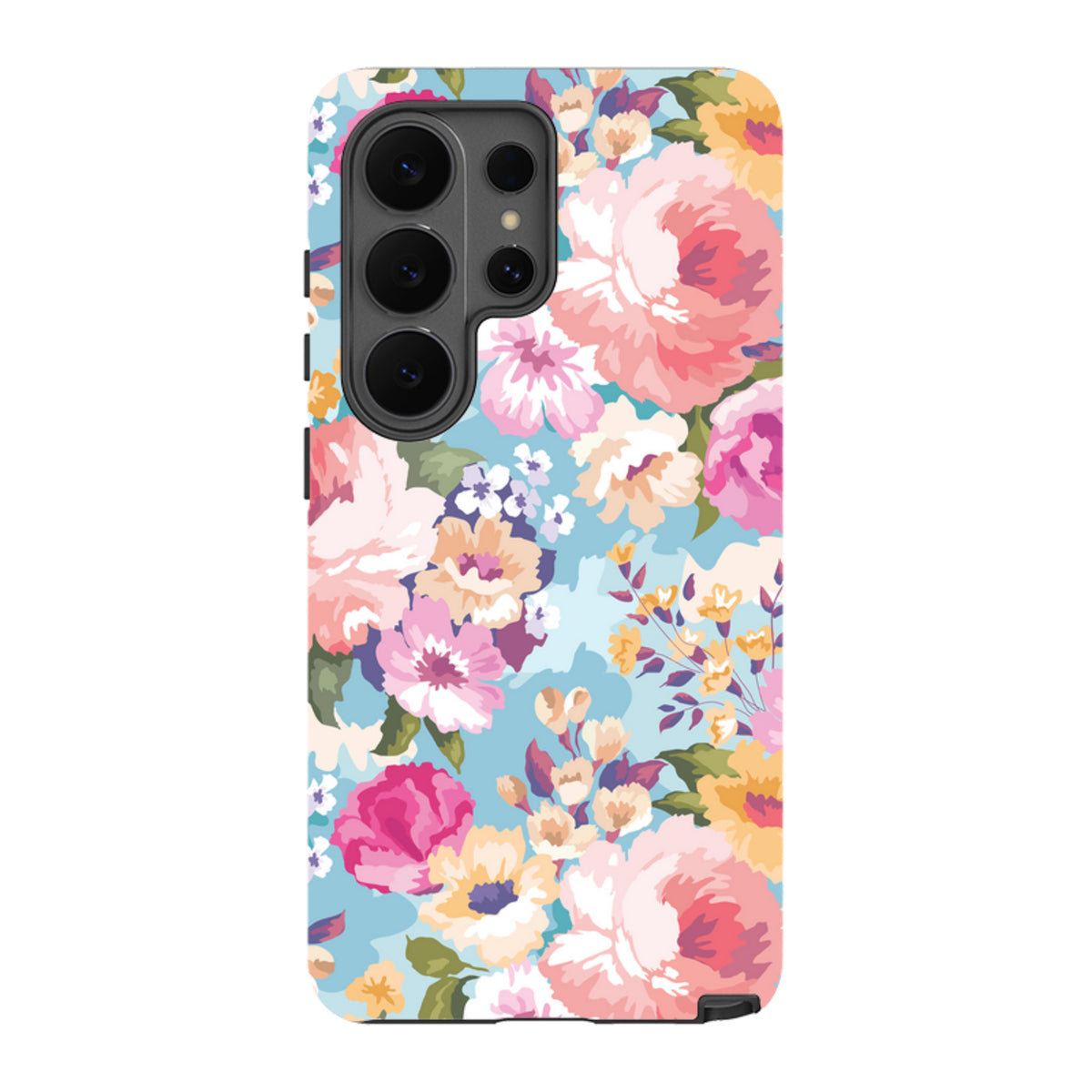 Samsung Tough Case with vibrant floral print on a light blue background, featuring dual-layer protection and camera cutout.