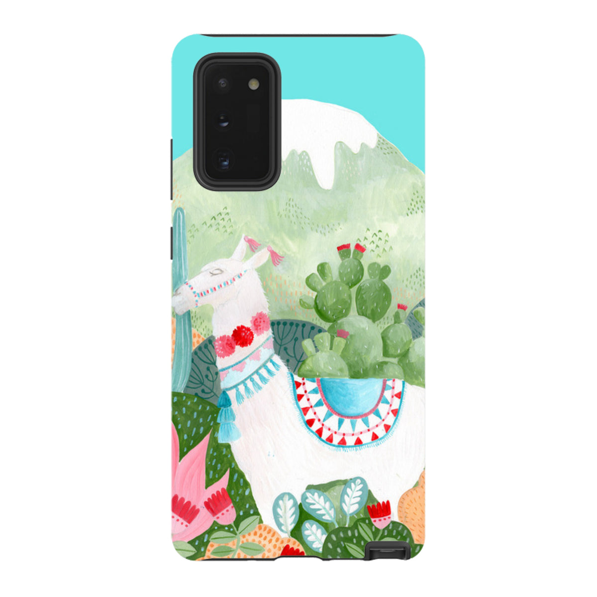 Samsung Tough phone case featuring a white llama illustration with colorful desert cactus art on a light blue background.