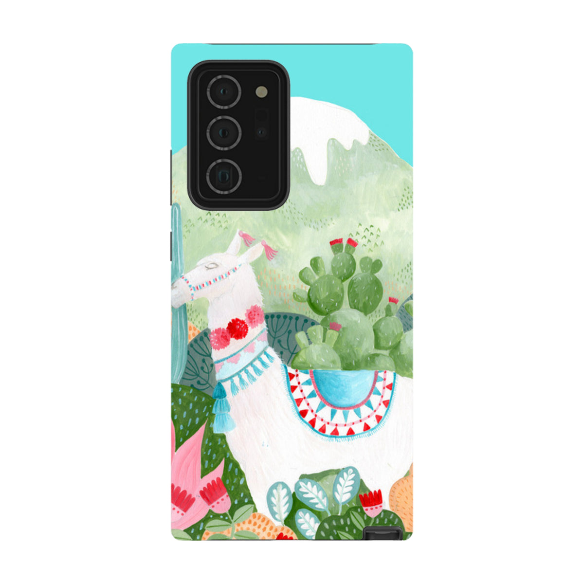 Samsung Galaxy tough case featuring a white llama, vibrant cacti, and colorful folk art patterns on a light blue background.