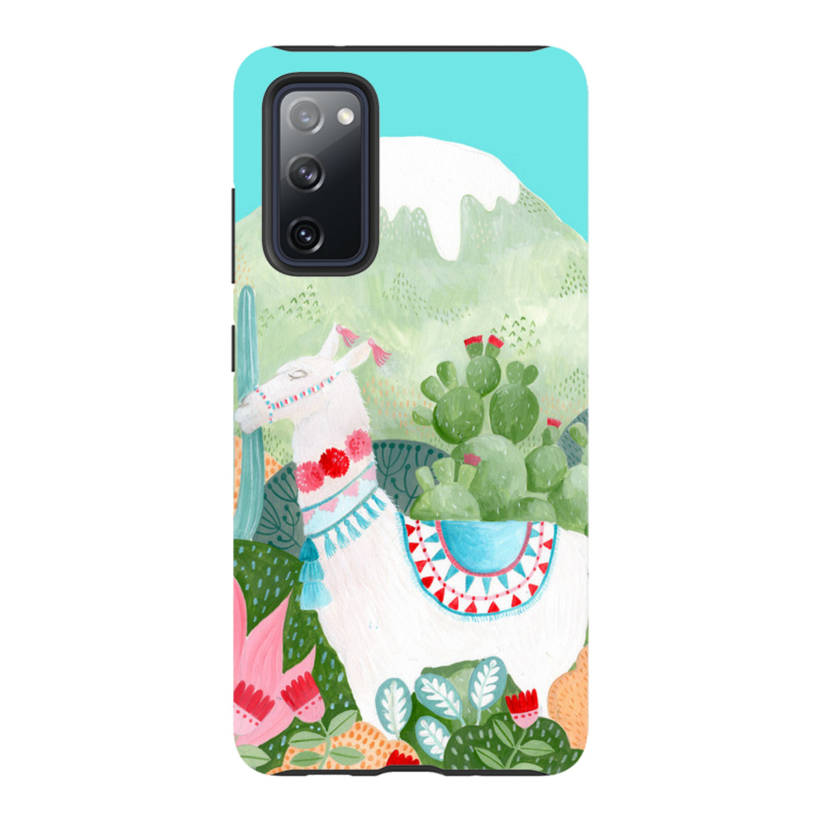 Samsung Tough Case featuring a white llama illustration with colorful desert floral patterns and a protective dual-layer design.