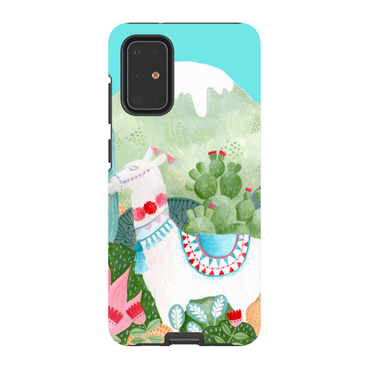 Samsung Galaxy tough case featuring a colorful llama illustration by Bex Parkin with cacti and mountain scenery.