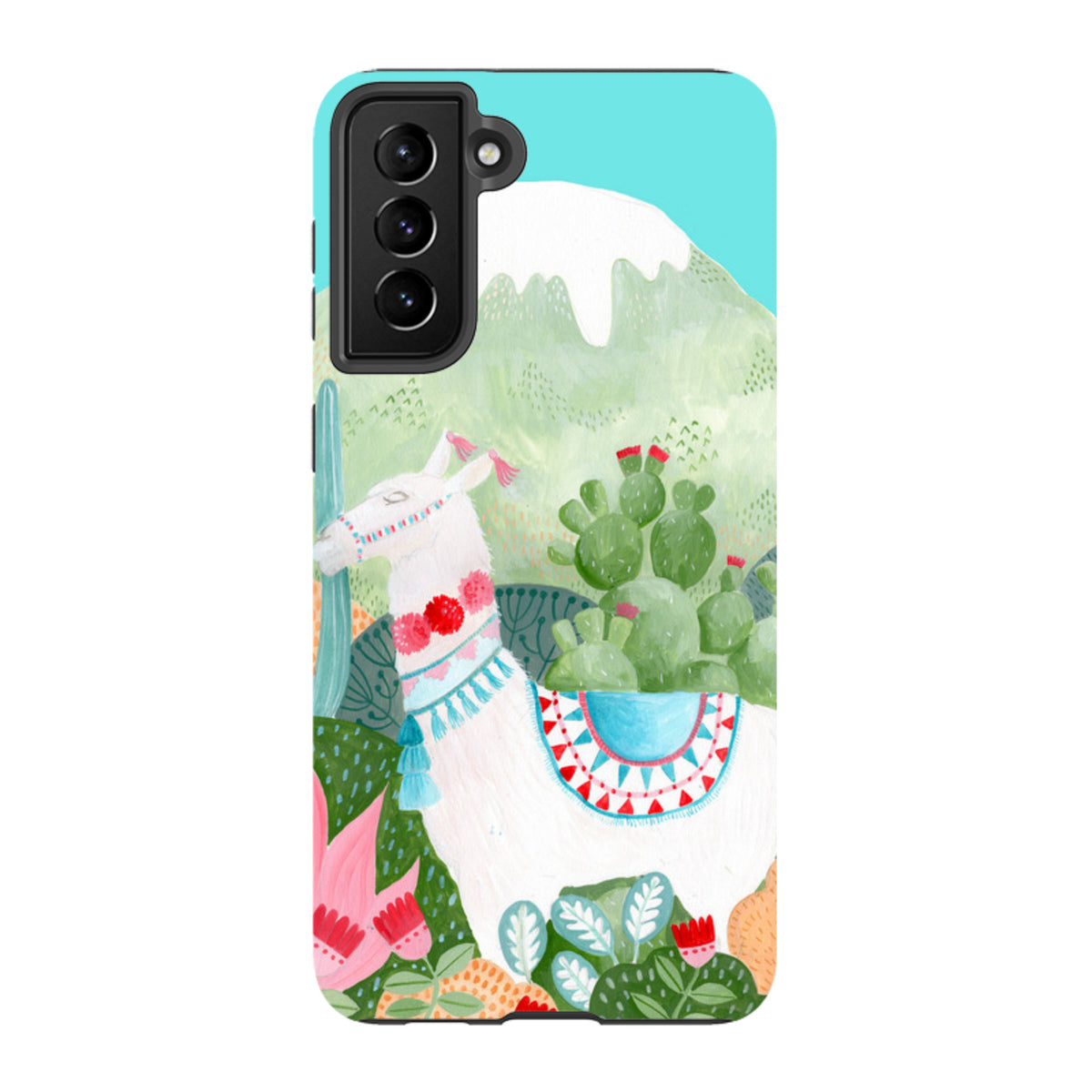 Samsung tough phone case featuring a white llama illustration with colorful desert plants on a light blue background.