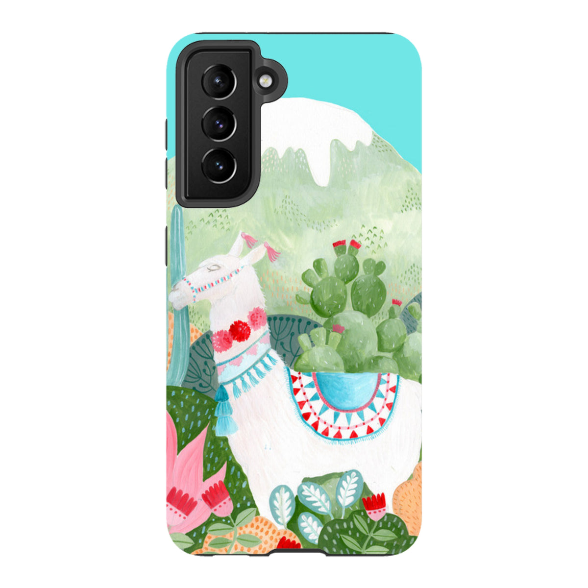 Samsung dual-layer phone case featuring a colorful llama illustration with cacti and mountains on a bright turquoise background.