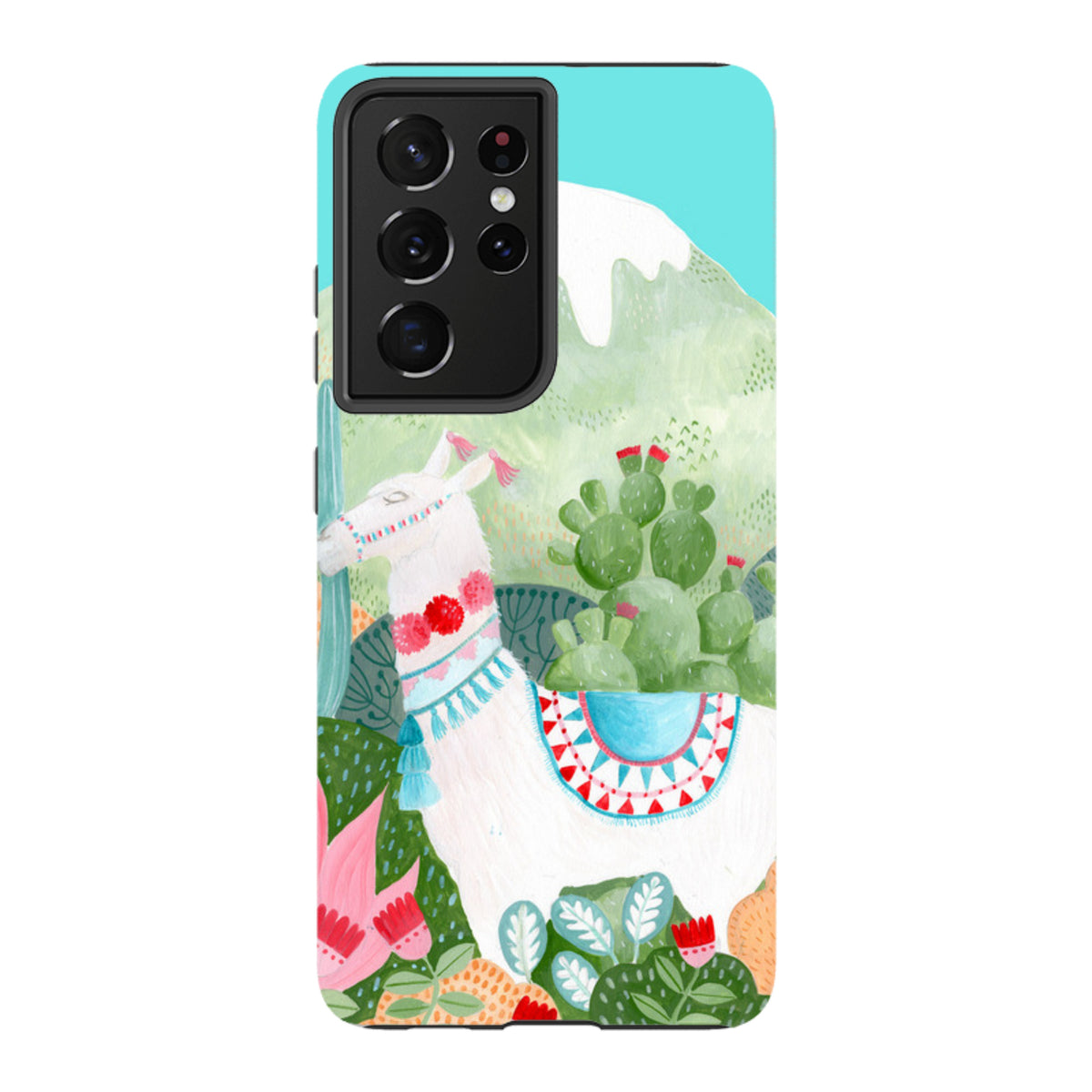 Samsung Galaxy tough case featuring a colorful llama illustration by Bex Parkin with dual-layer protection and raised bezels.
