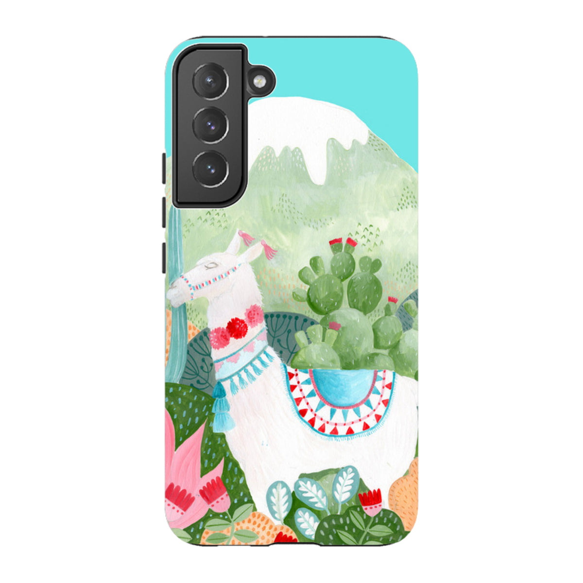 Samsung Tough Case featuring a white llama illustration with colorful desert patterns on a vibrant teal background.