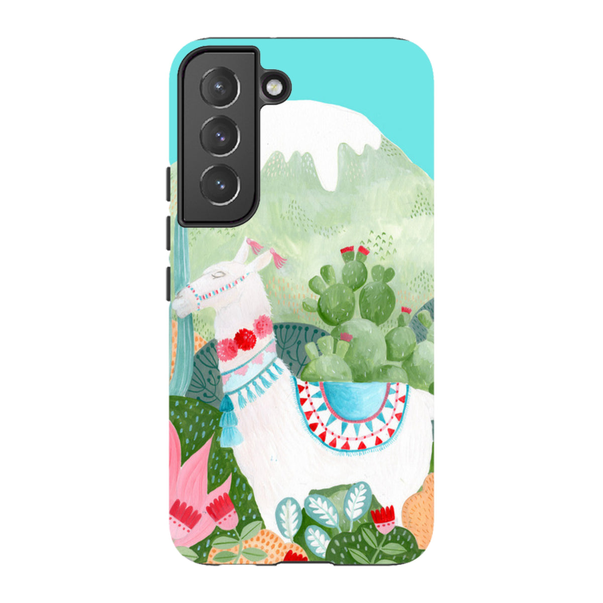 Samsung Tough Case featuring a white llama illustration with colorful desert floral patterns and a vibrant teal background.