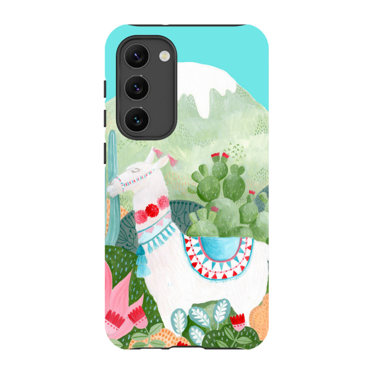 Samsung Tough Case featuring a white llama illustration with colorful desert patterns on a vibrant teal background.