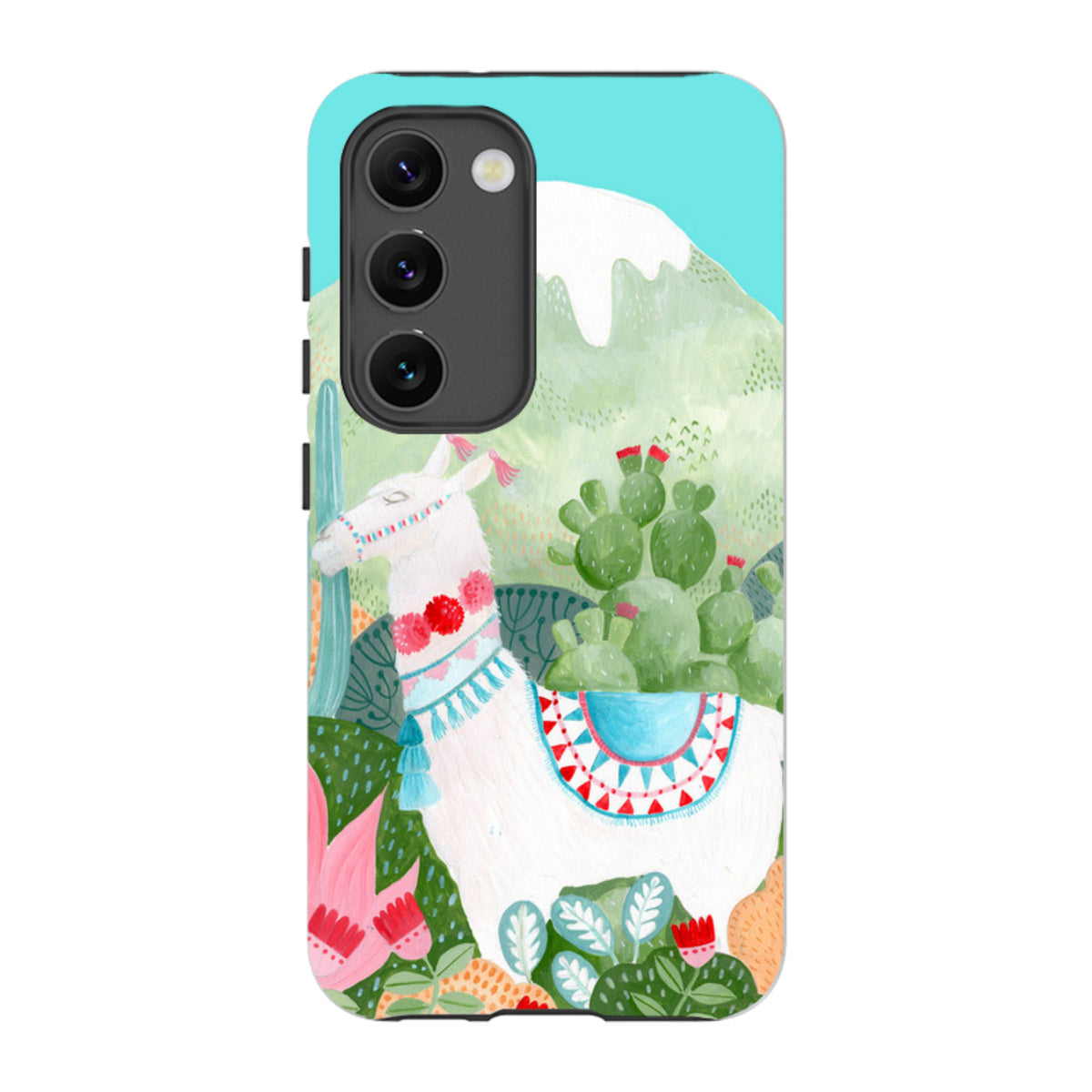 Samsung Tough Case featuring a colorful llama illustration with cacti and mountains on a dual-layer protective phone cover.