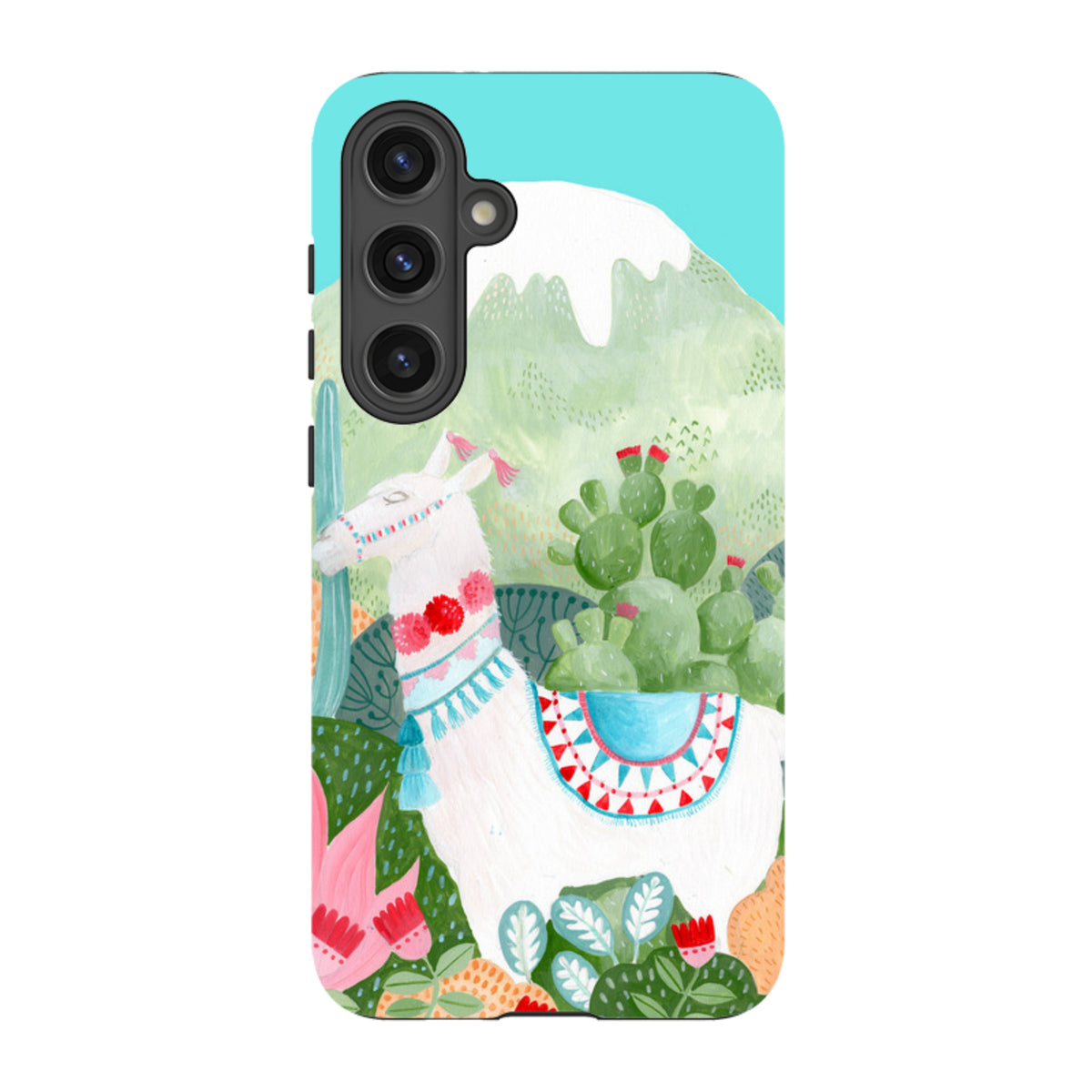 Samsung Tough Case featuring a white llama, cacti, and mountain art in a vibrant, dual-layer protective design.