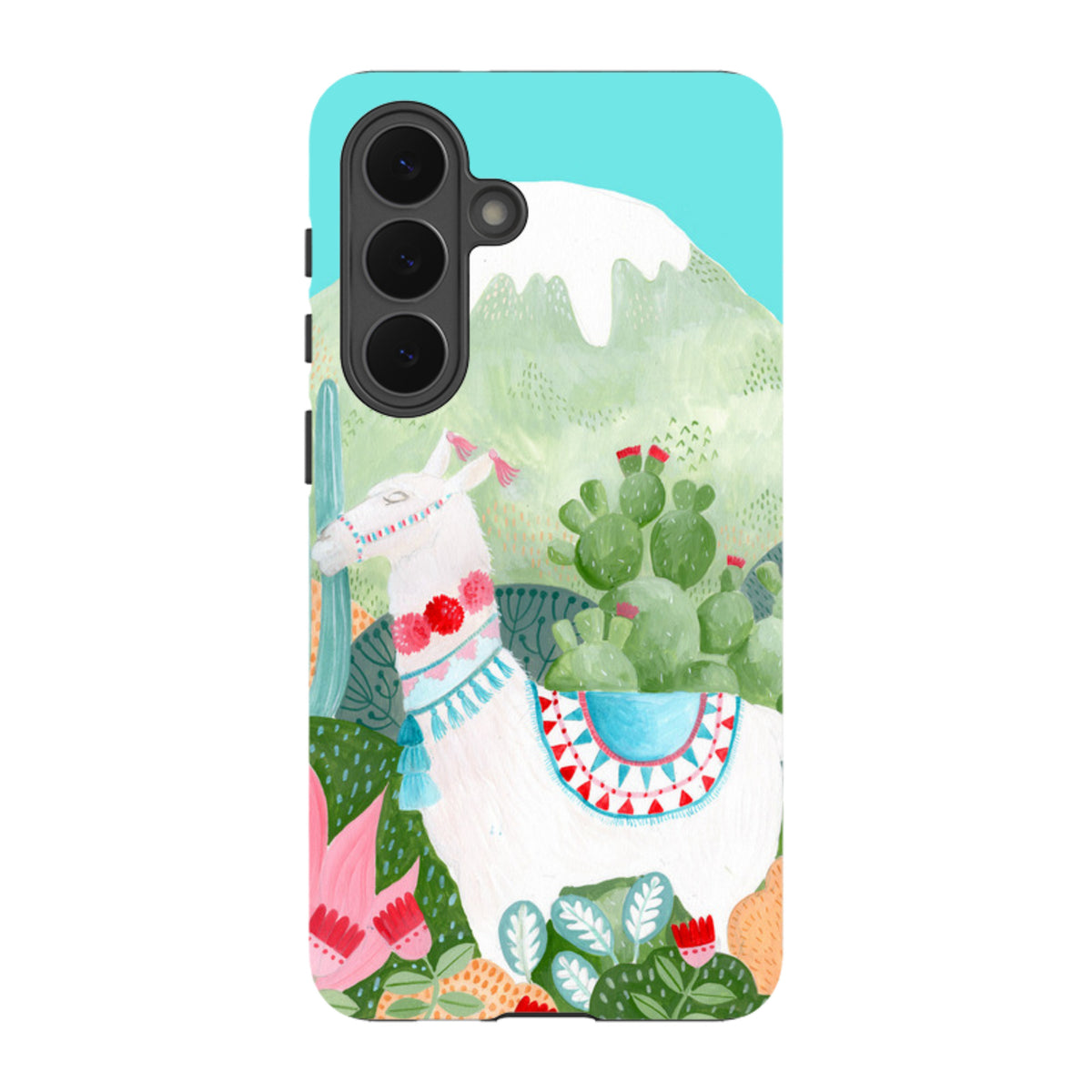 Samsung Tough Case featuring a white llama, vibrant desert cacti, and mountain art by Bex Parkin on a dual-layer shell.