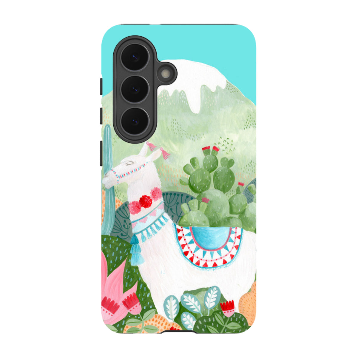 Samsung Tough Case featuring a colorful llama illustration by Bex Parkin on a dual-layer protective phone cover.