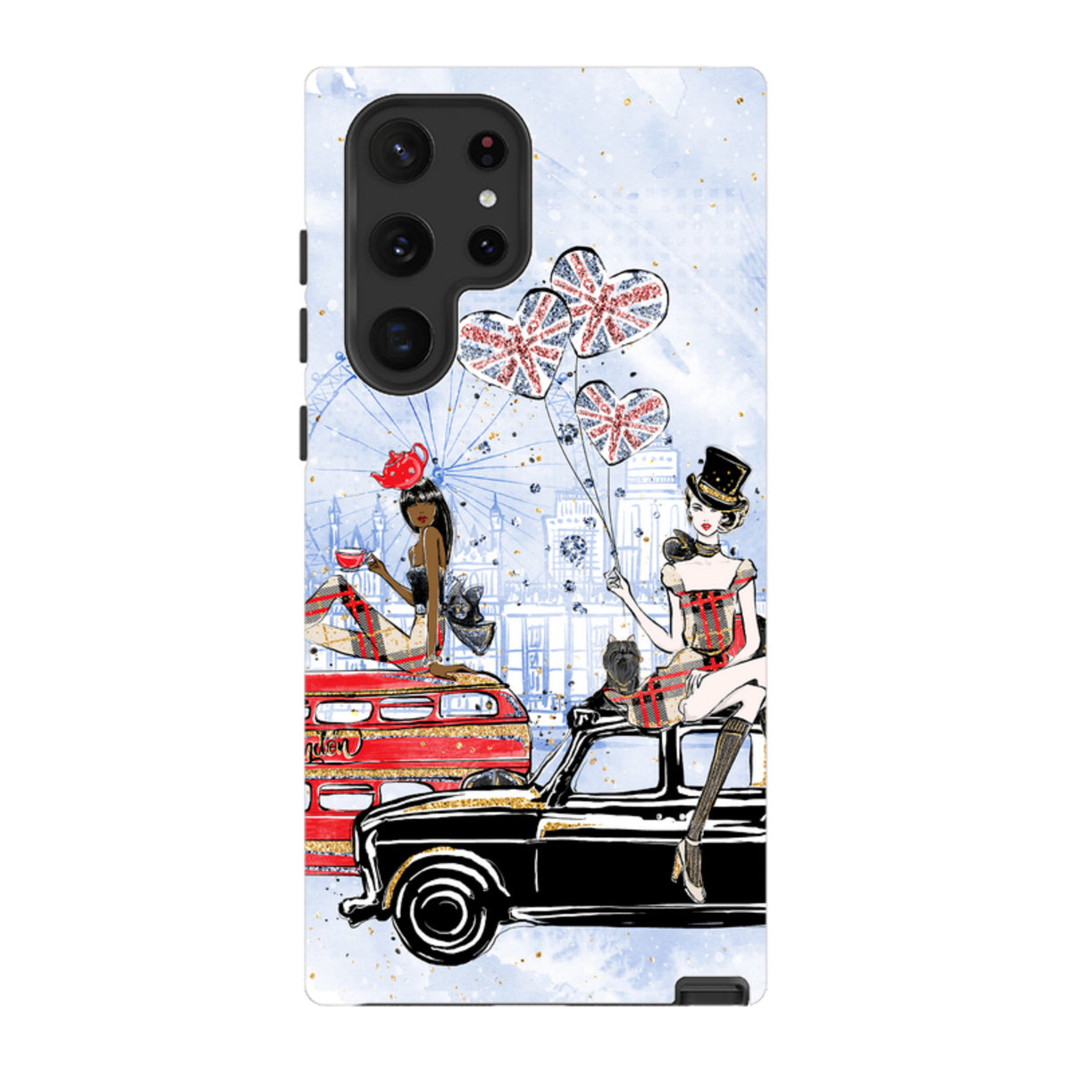 Samsung Tough Case featuring London icons, red bus, black taxi, and stylish figures on a light blue watercolor background.