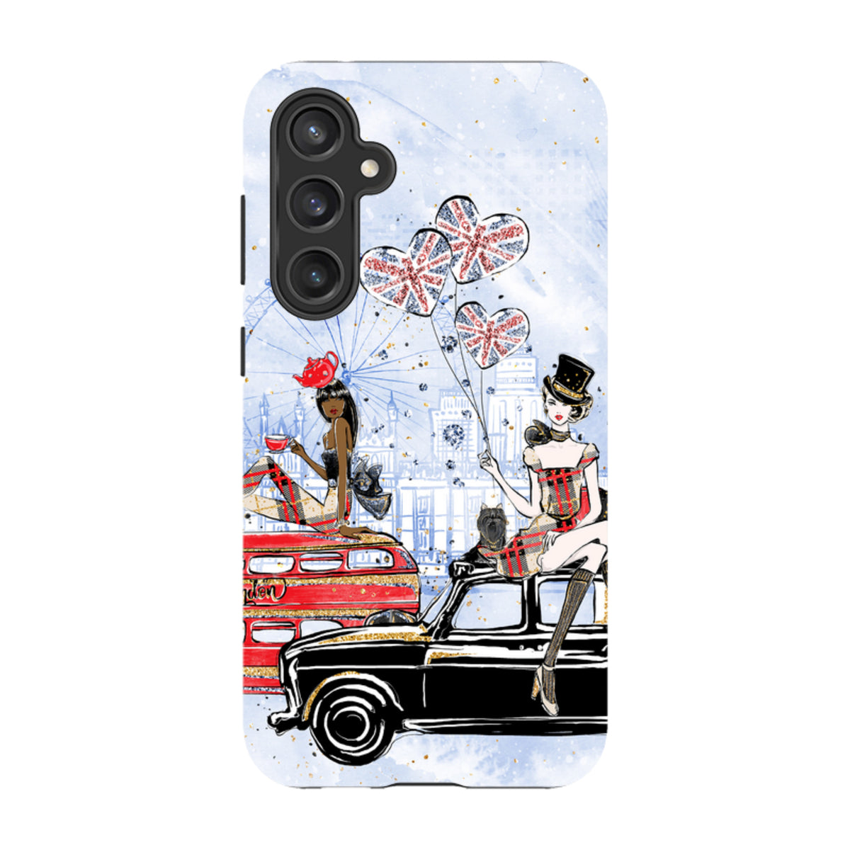 Samsung Tough Case featuring London icons, Union Jack heart balloons, and stylish women on a red bus and black taxi.