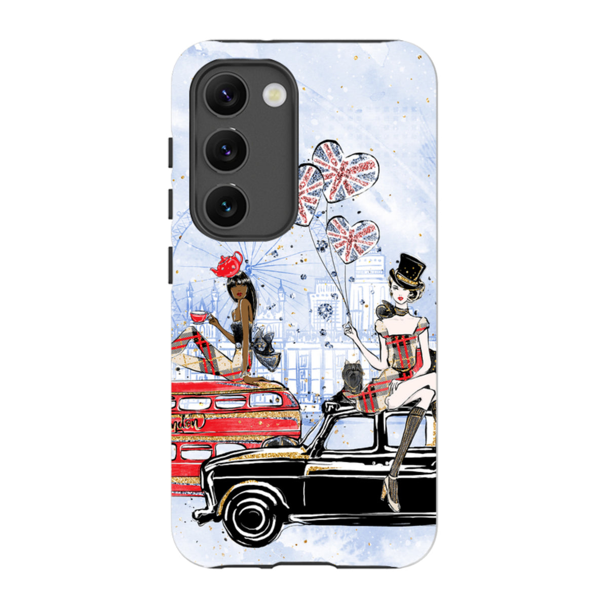 Samsung Tough Case featuring London icons, red bus, black taxi, and stylish figures on a light blue background.