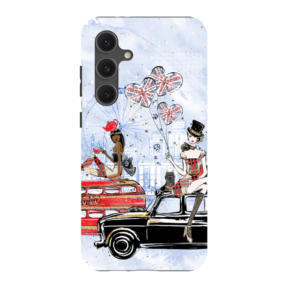 Samsung Tough Case featuring London icons, Union Jack heart balloons, and stylish illustrations on a dual-layer shell.
