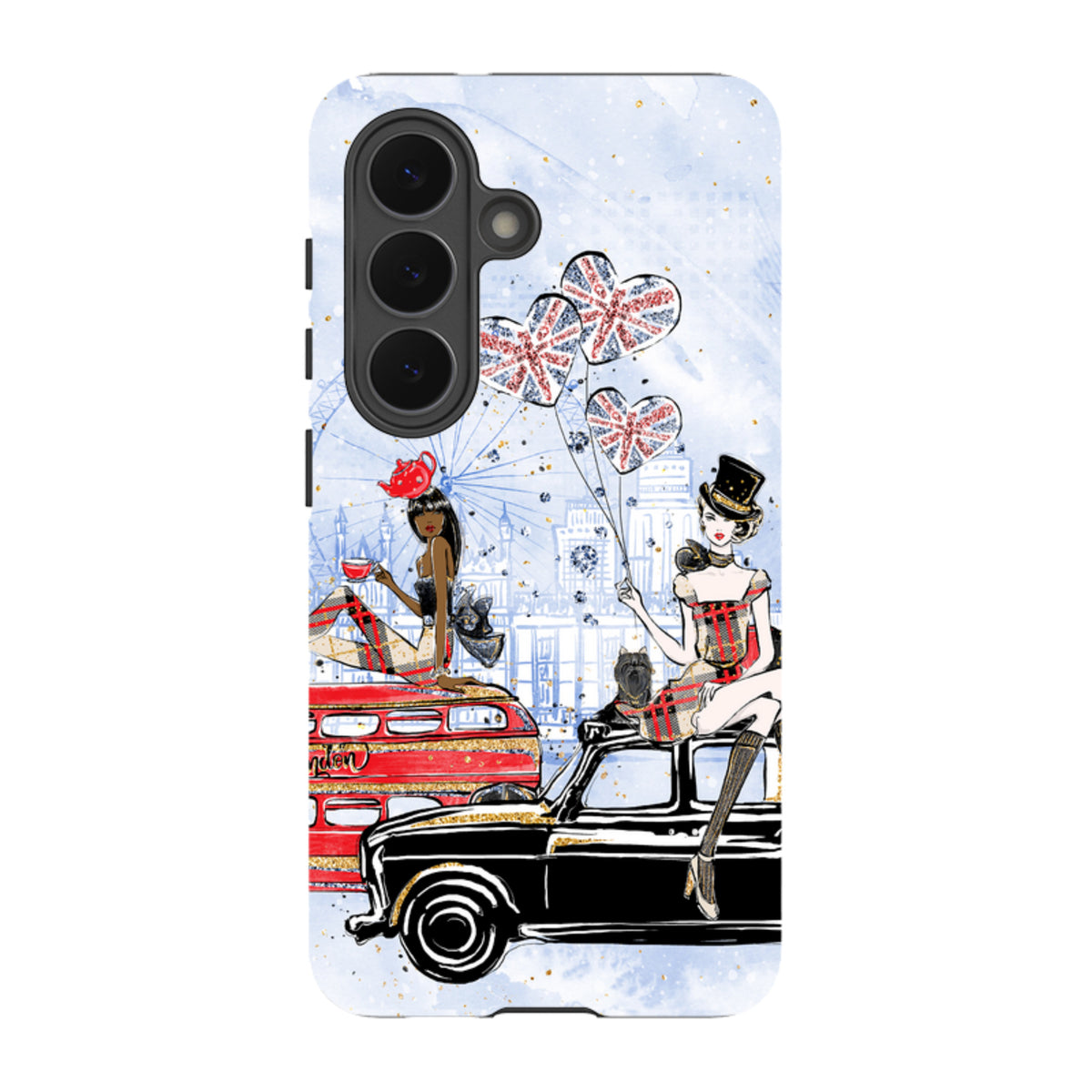 Samsung Tough Case featuring London icons, red bus, black taxi, and stylish illustrations on a light blue background.