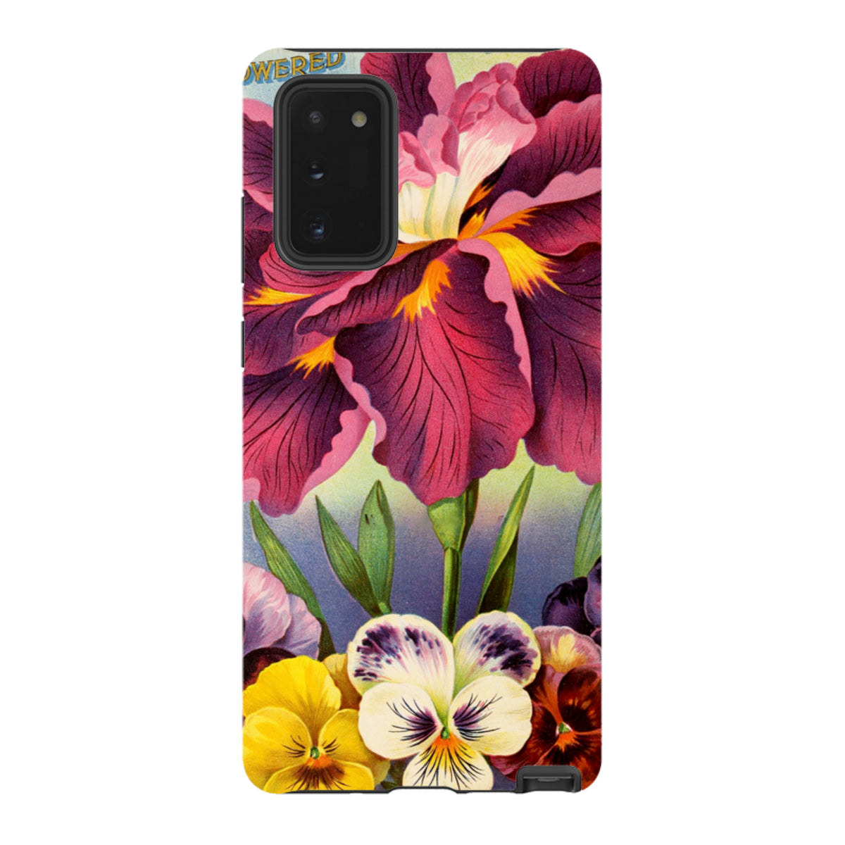 Samsung Tough Case featuring a vibrant floral design with large purple irises and colorful pansies on a dual-layer shell.