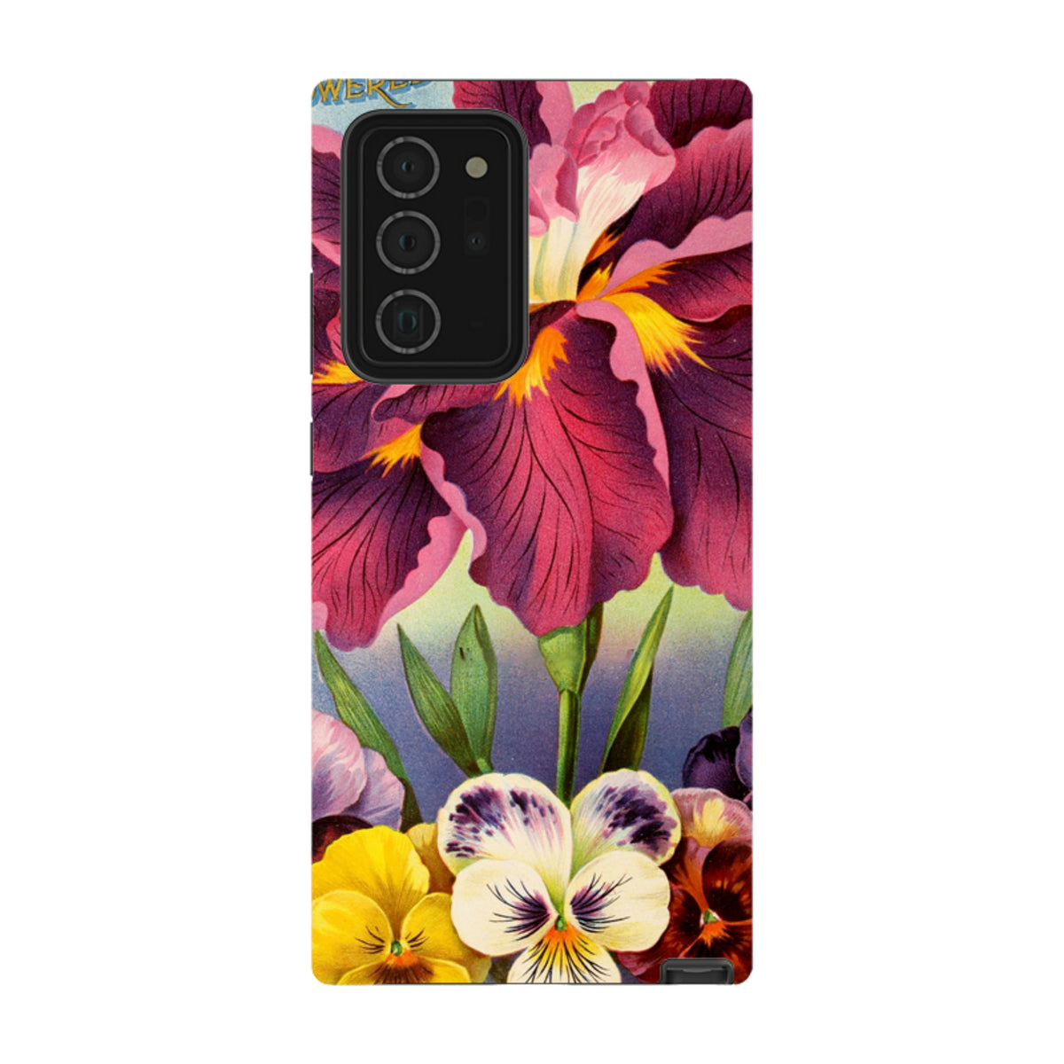 Samsung Galaxy tough case featuring vibrant purple iris and colorful pansy floral artwork with a protective dual-layer design.