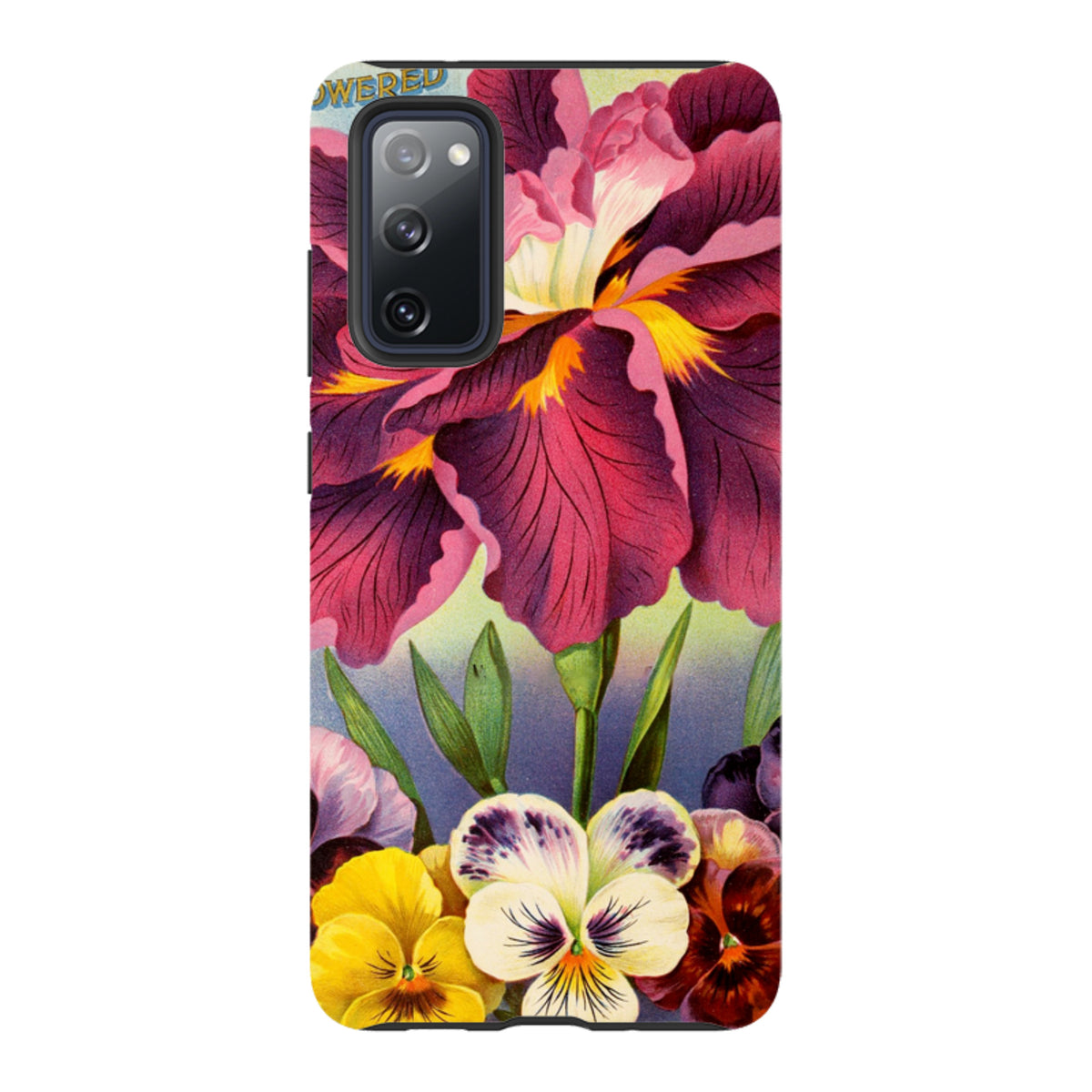 Samsung Tough Case featuring a vibrant floral print with large purple irises and colorful pansies on a durable dual-layer shell.
